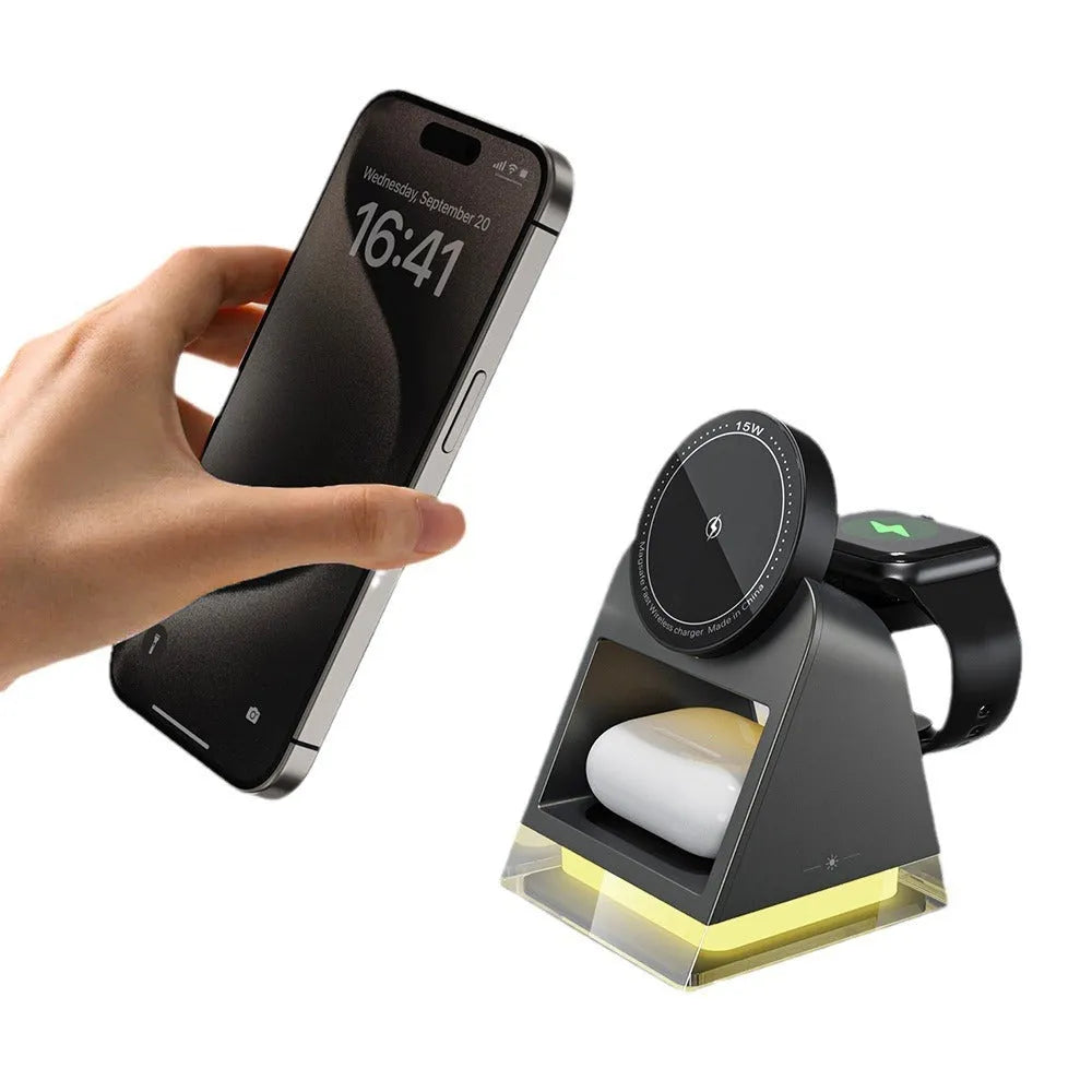 Touch Magnetic Three-in-one Wireless Charger in black, USB powered, compact plastic design for multi-device charging
