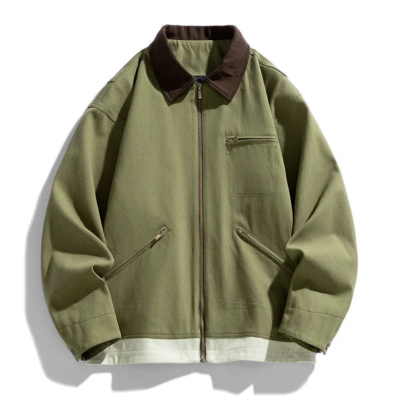 Men's loose-fit Korean-style workwear jacket with contrast colour lapels and side pockets