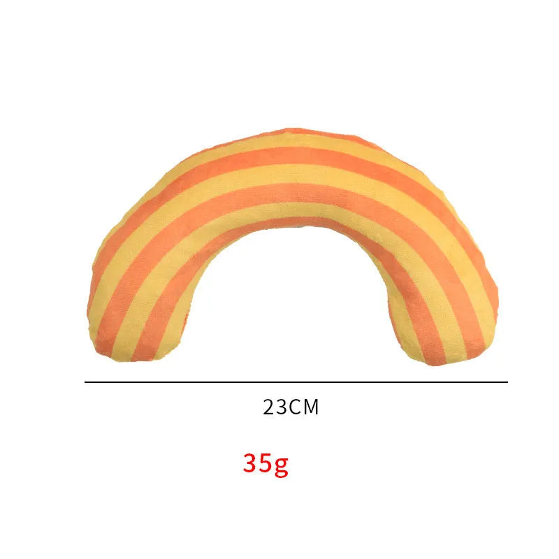 Striped pattern cat pillow toy with noise maker and catnip measuring 23x20cm