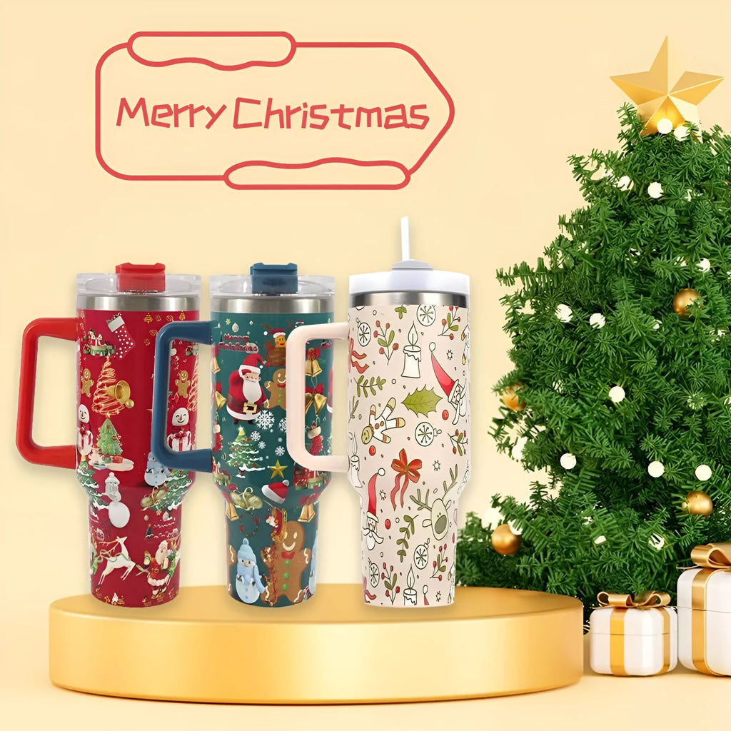 Christmas pattern stainless steel travel tumbler with handle and straw, 1200ml capacity