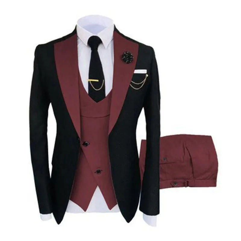 Men's slim fit three-piece business suit in cotton fabric with coat vest trousers