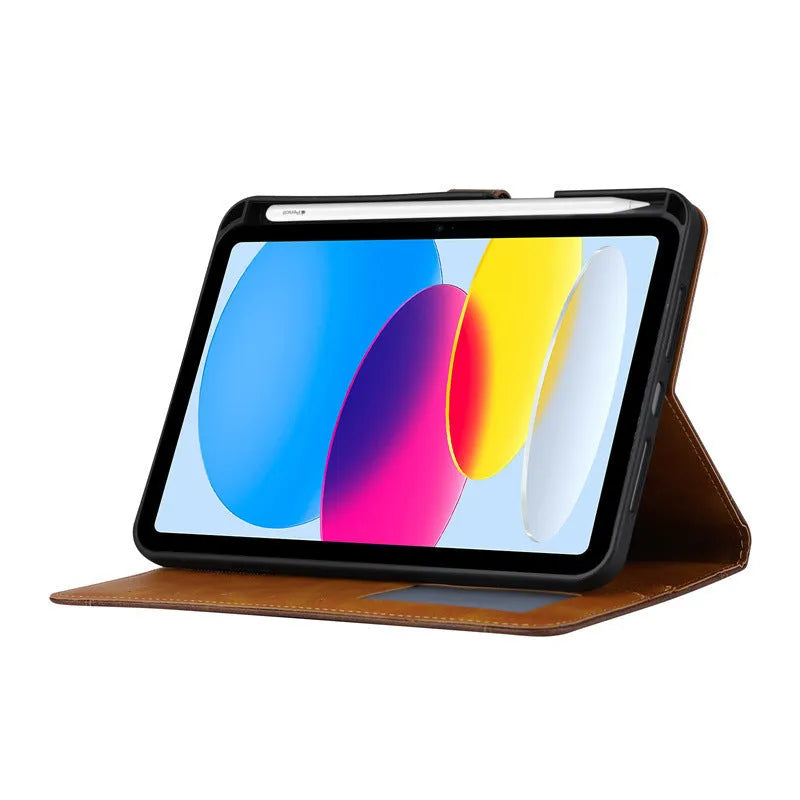 Classic kneading imitation leather iPad flip protective cover in black, open and closed.