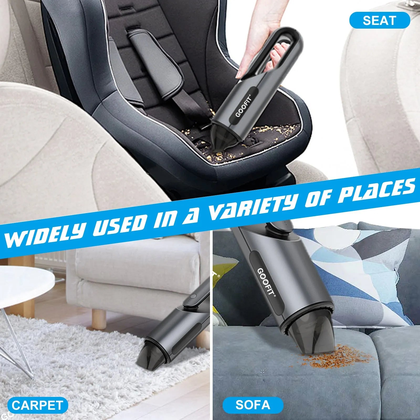 Black portable cordless handheld car vacuum cleaner with brush and flat attachments on a car seat.