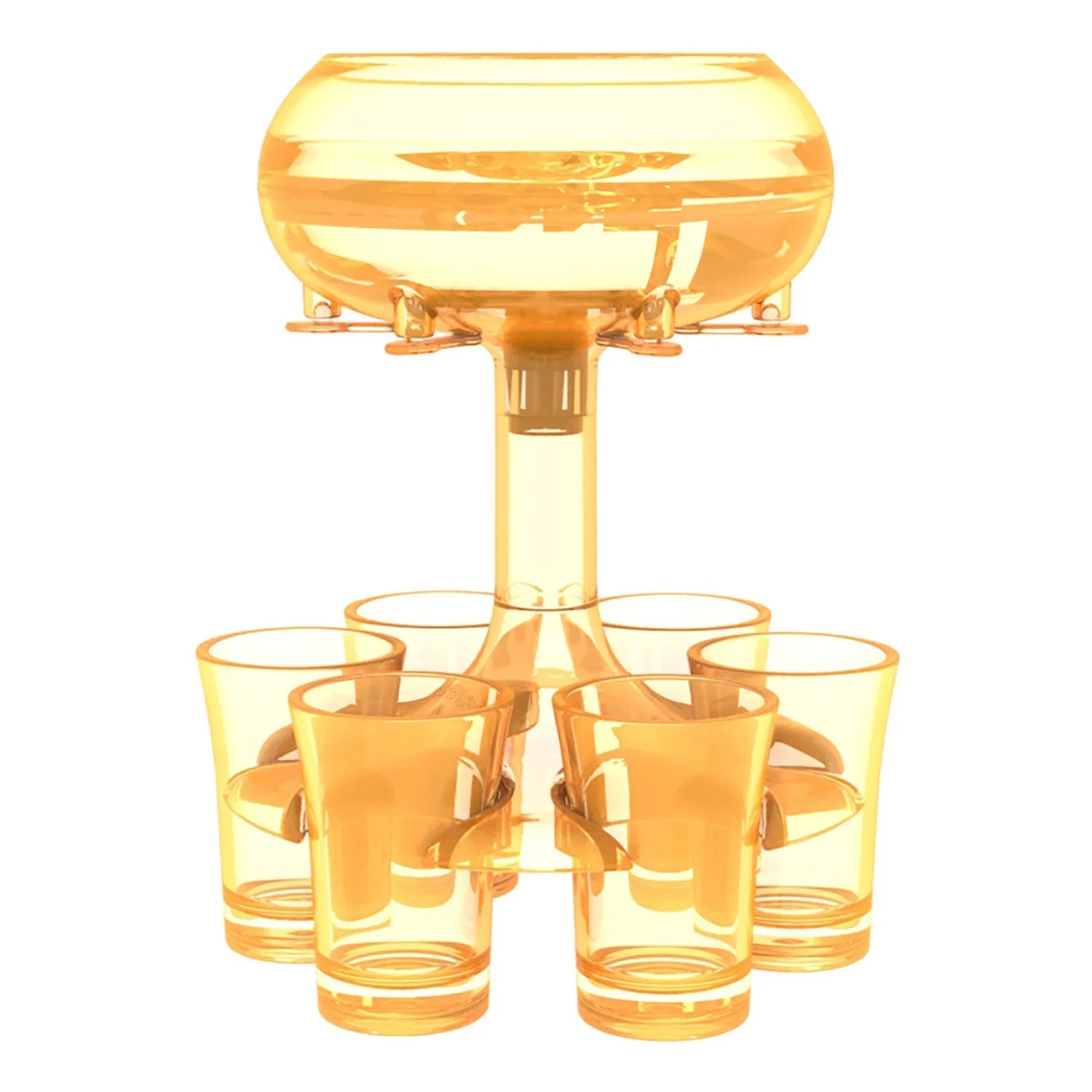 Clear PMMA 6-shot glass dispenser rack holding six shot glasses, a bar accessory for parties.