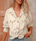 Women's corduroy loose coat with button front and patch pockets in solid colour