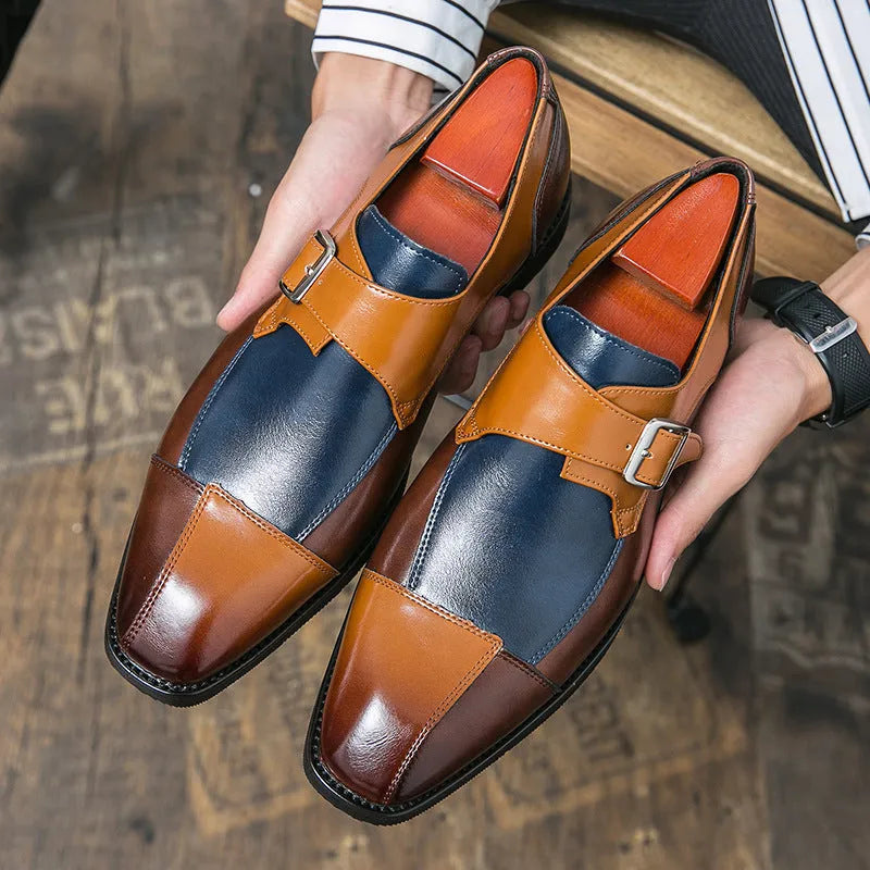 Men's brown blue retro style casual leather shoes with a buckle fastening.