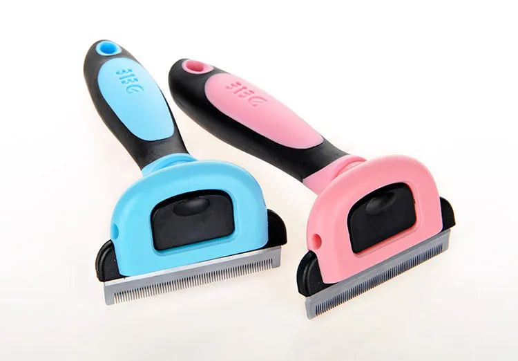 Pet hair removal comb for long straight hair, available in blue or pink, sizes S M L.