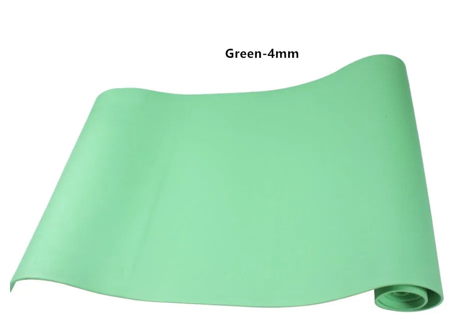 Red EVA fitness yoga mat with rolled edge showing thickness, alongside a blue mat and OPP storage bag.