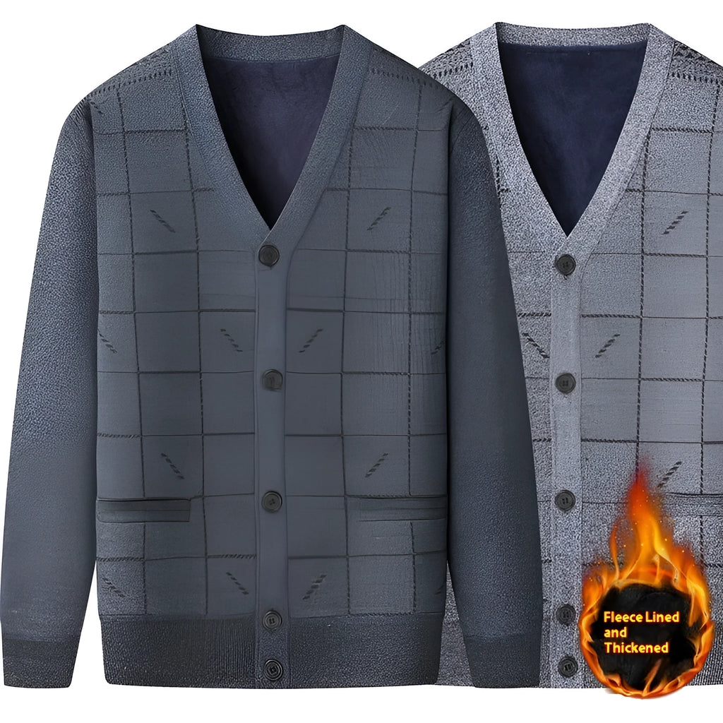 Dark grey men's batwing sleeve cardigan sweater with velvet lining, shown on a hanger.