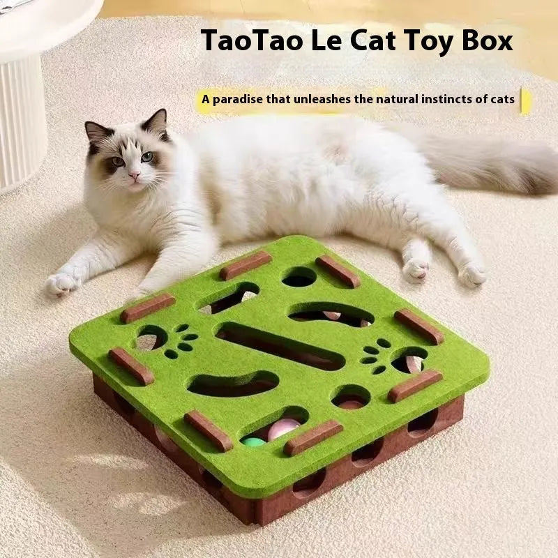 Green brown felt box cat toy with a hole, shown next to a grey and a camel white version, dimensions 30x30x7.5 cm.