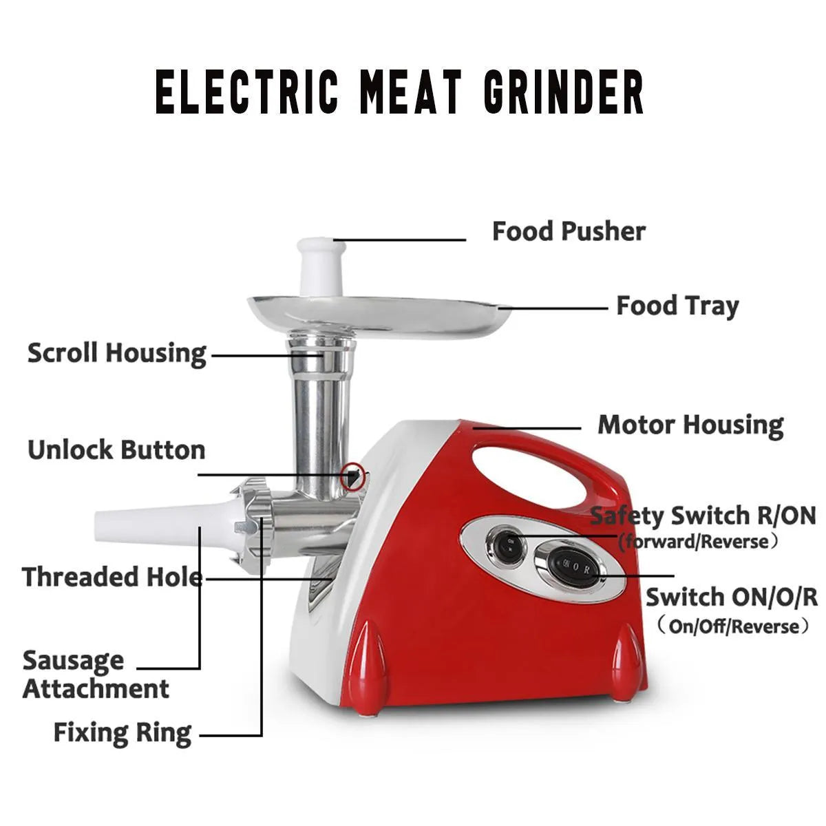 Electric multifunctional meat grinder in red with food grade aluminium alloy body and 800W motor