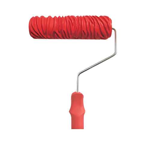 Red 7-inch rubber embossing paint roller for creating textured wall patterns.