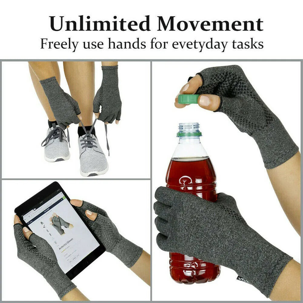 Grey half-finger compression gloves with anti-slip grip palm, shown in a flat lay.