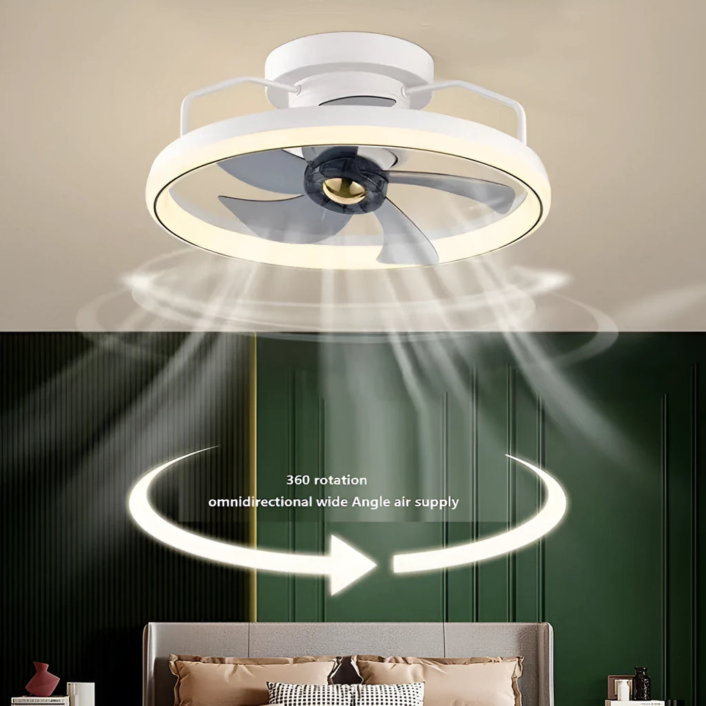 Modern simple ceiling fan with integrated light fixture showing 500mm diameter and acrylic lampshade