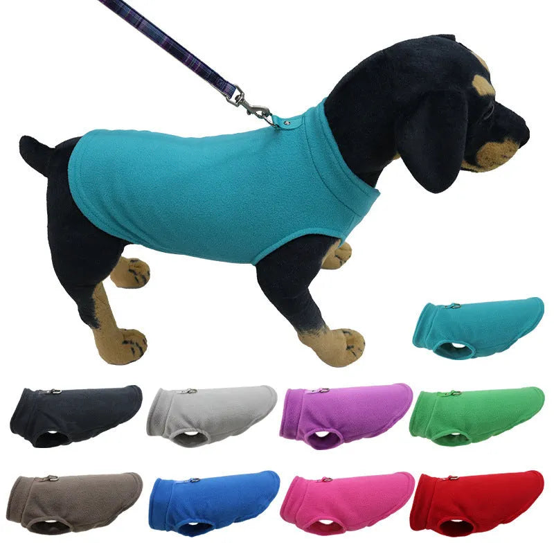 A solid-colour polar fleece dog waistcoat shown in one of nine available colours, sized for a medium dog.