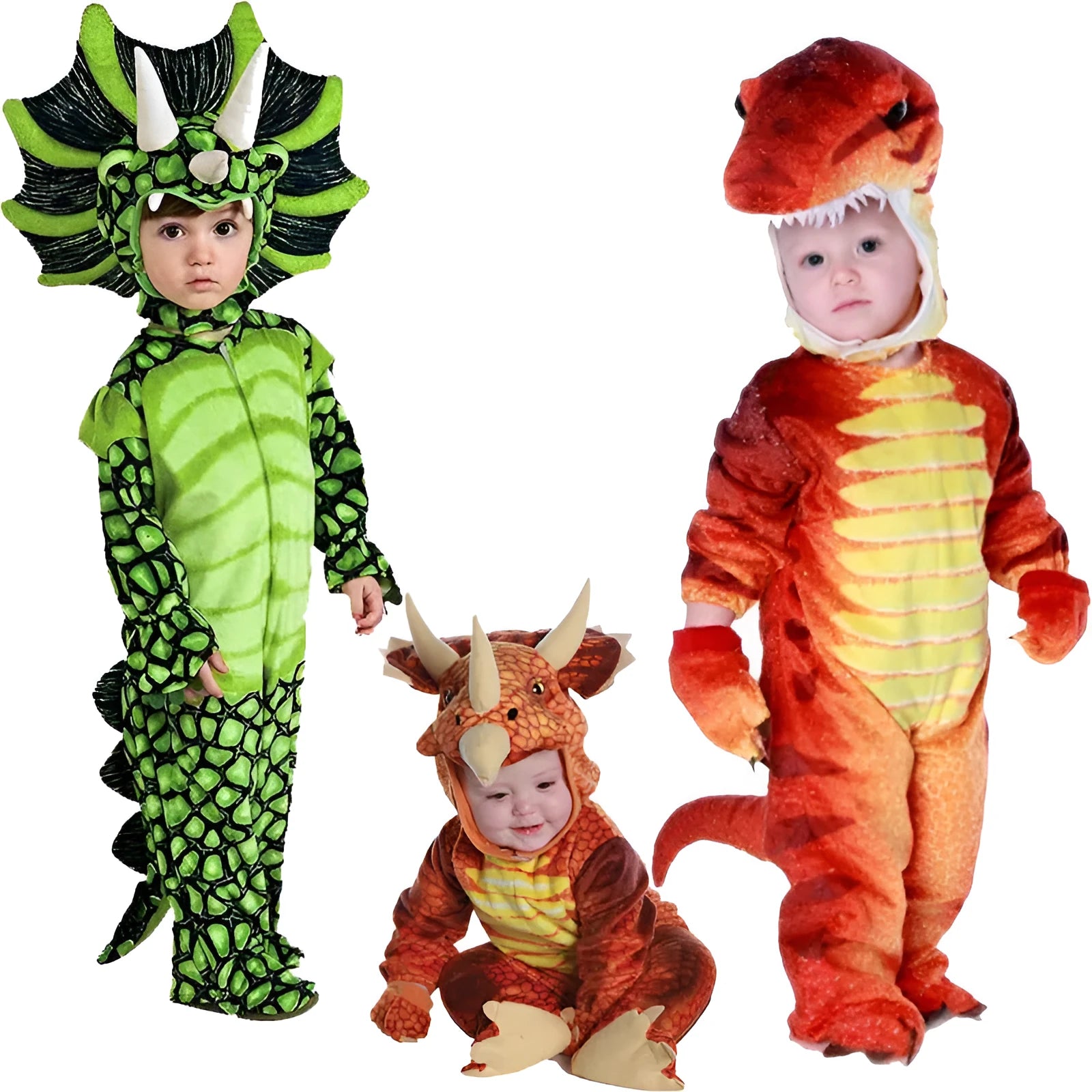 Child wearing a green Jurassic dinosaur Halloween costume with a tail and hood.