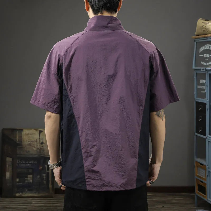 Men's brown half-zip stand collar short-sleeved shirt made from ice silk fabric