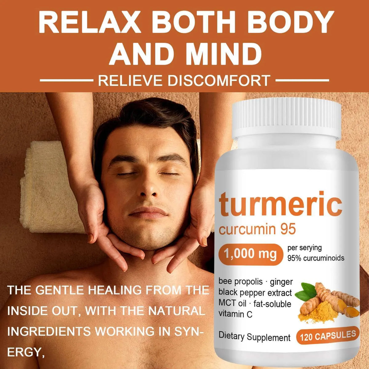 Turmeric curcumin capsules bottle with bee propolis, ginger, and black pepper for joint health, 120 vegetarian capsules