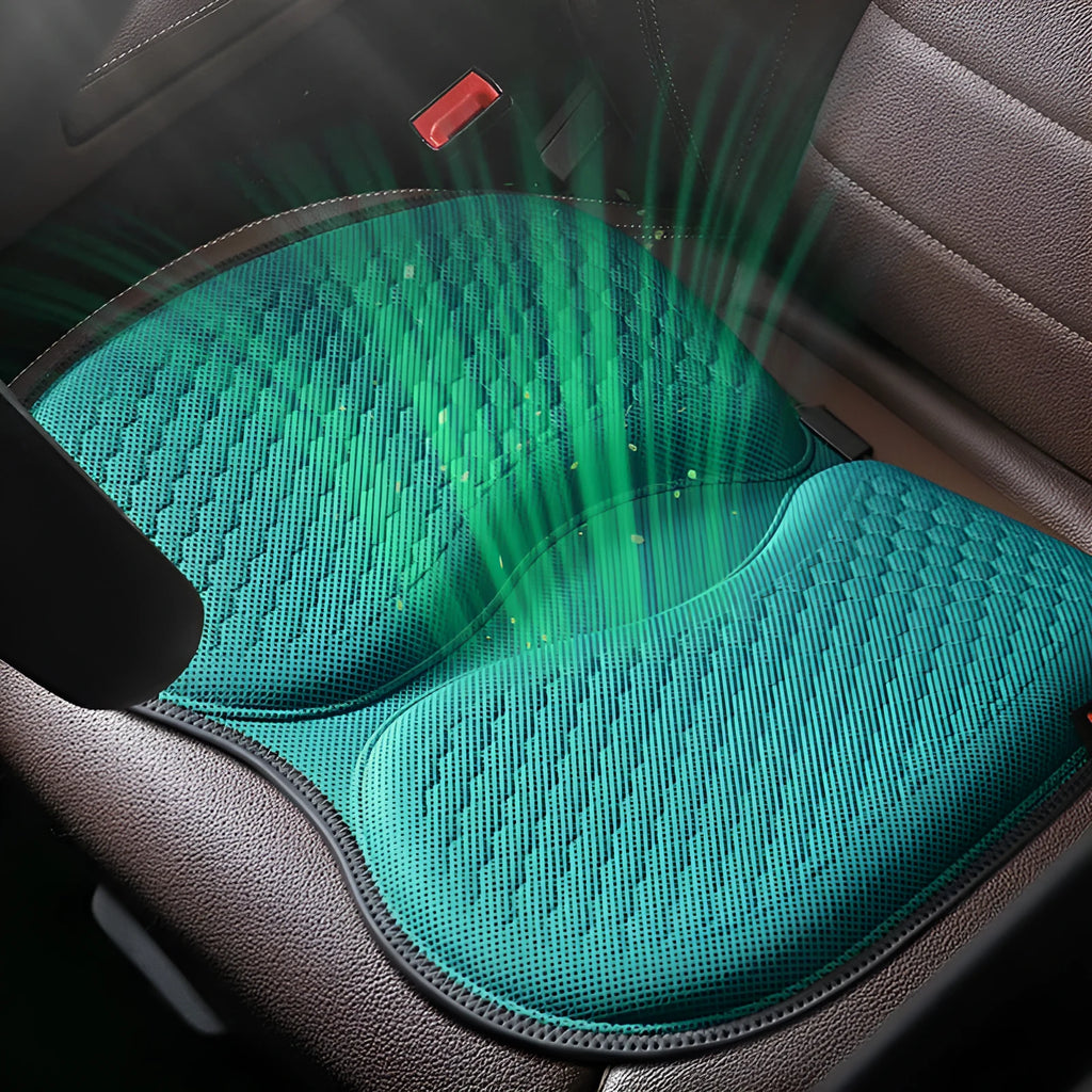Honeycomb patterned gel car seat cushion in one of six colour options, showing 40x35 cm dimensions.