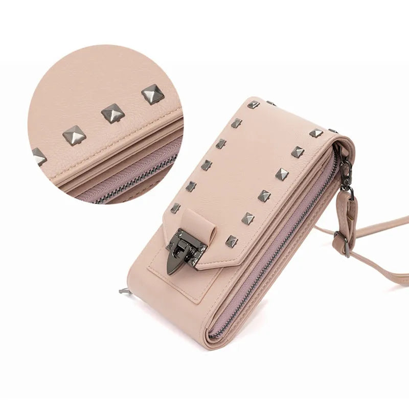 Rivet design solid colour crossbody bag for women in pink with vertical square shape and medium-long strap