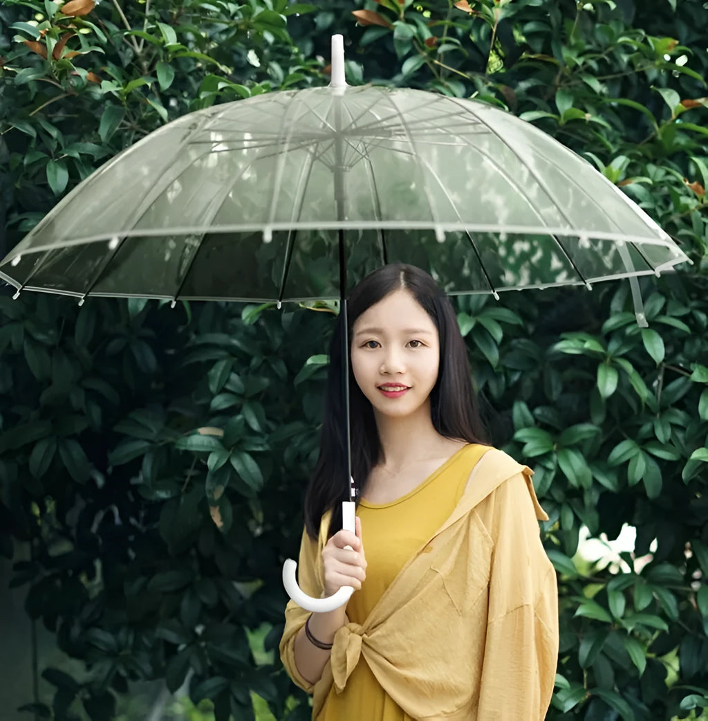 Clear long-handled transparent umbrella with a black curved handle and 16-rib frame on a white background.