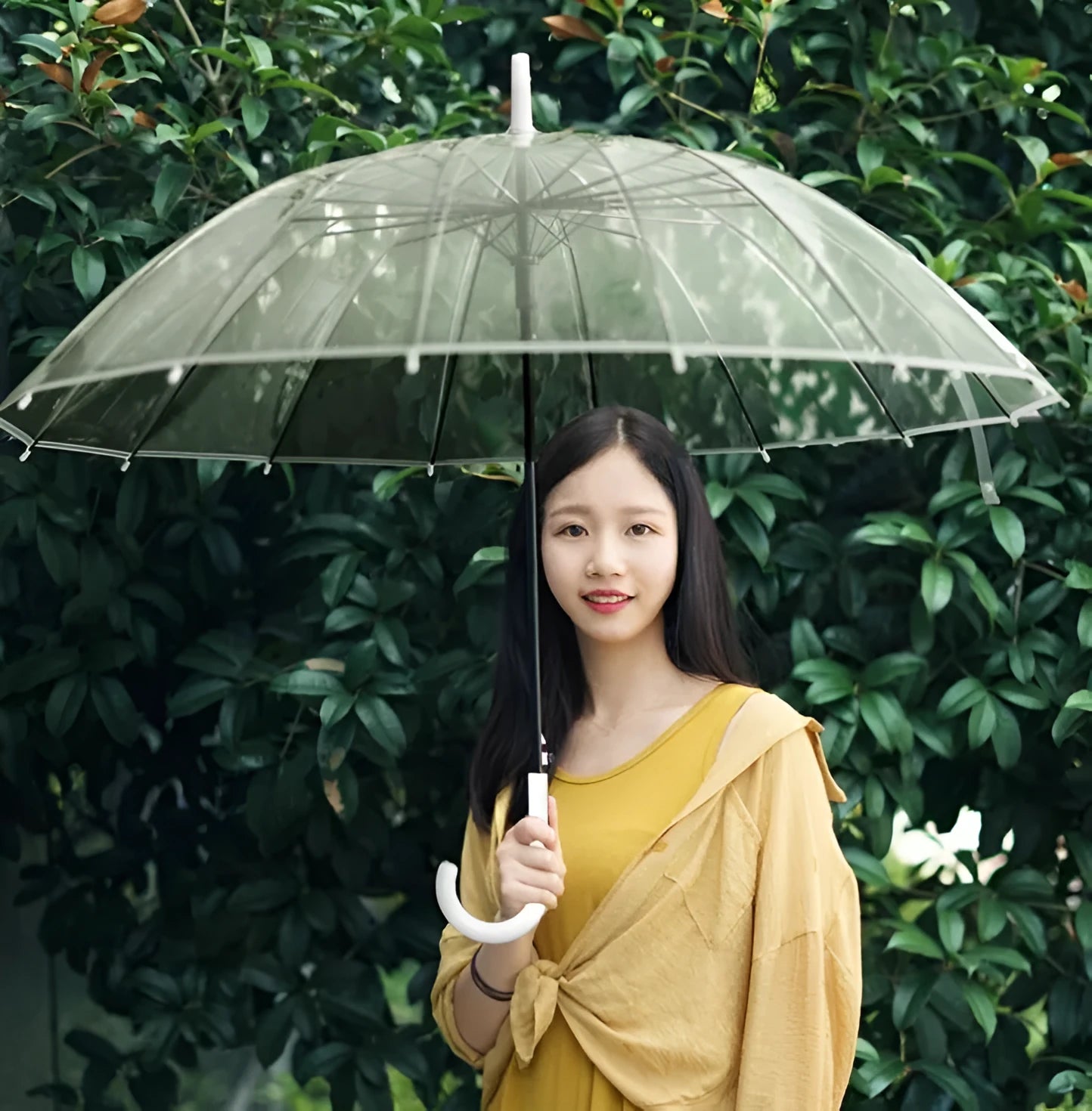 Clear long-handled transparent umbrella with a black curved handle and 16-rib frame on a white background.