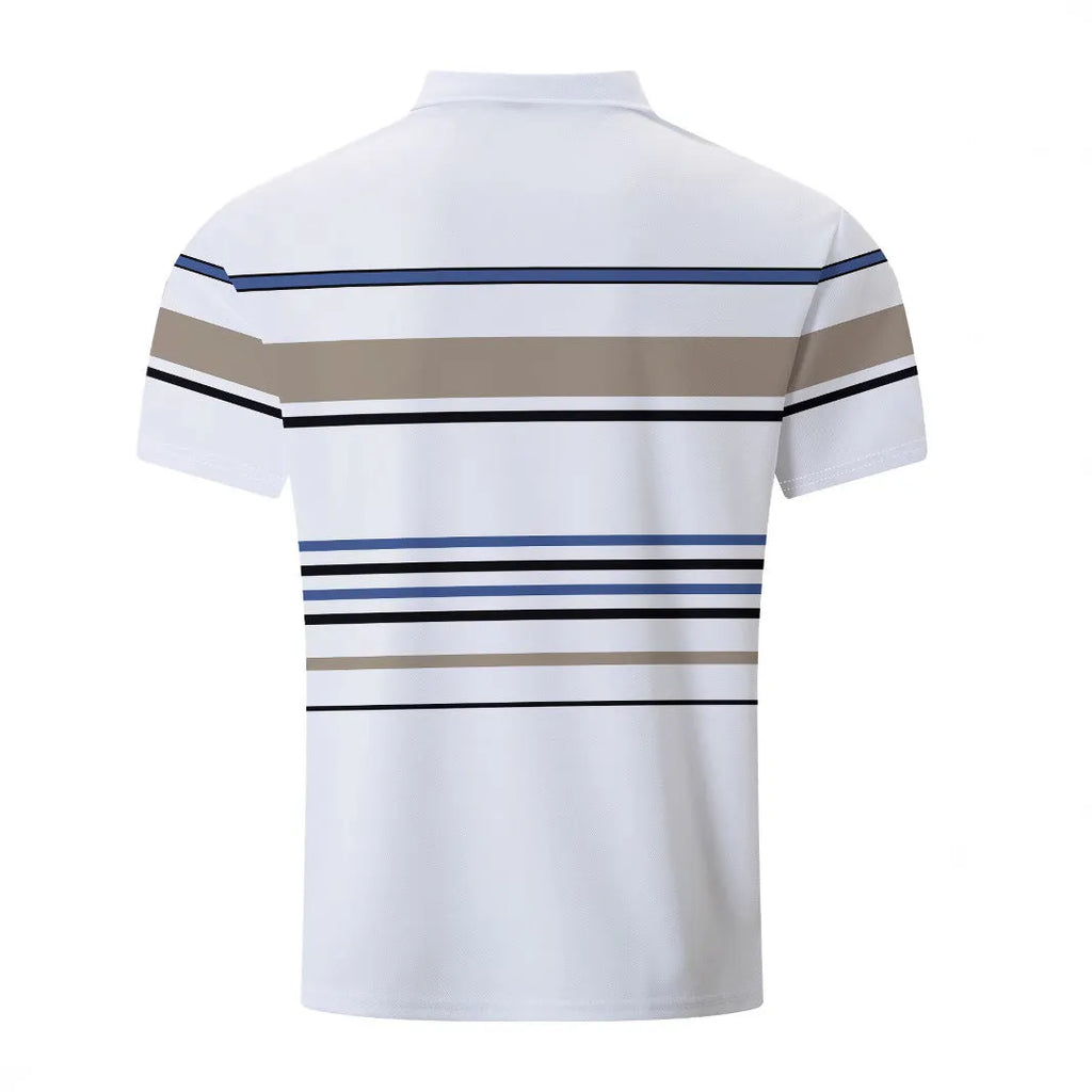 White striped men's short sleeve T-shirt on hanger showing slim fit design