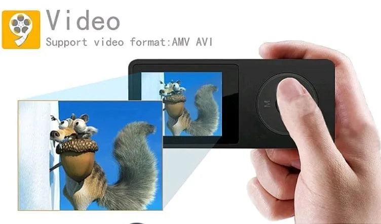Compact black MP4 player with 1.8 inch colour screen showing media playback interface