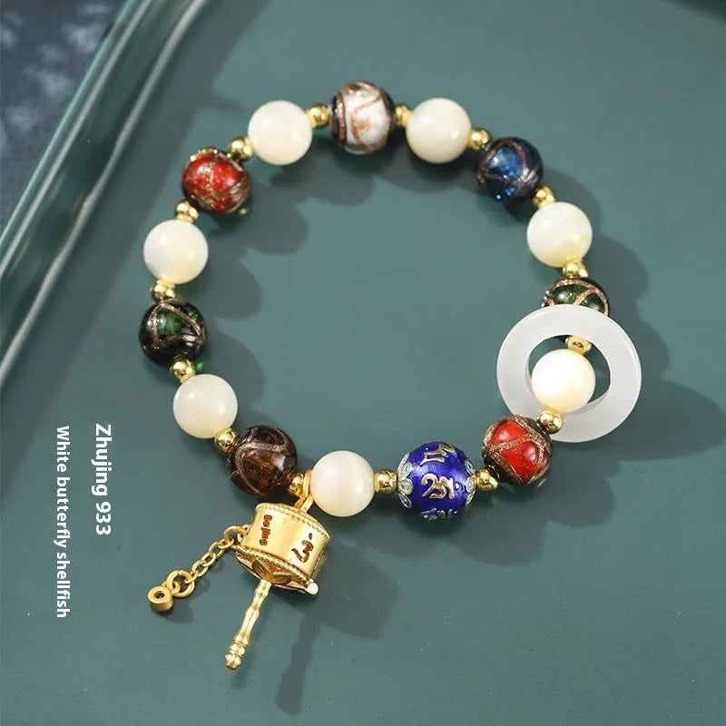 Hand-woven women's bracelet with fragrant gray glaze Sunstone and white lip shell beads