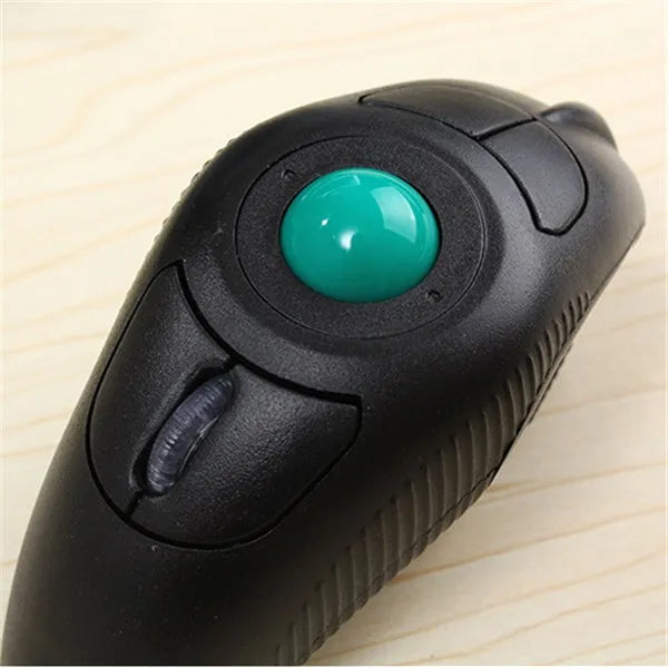 Black wireless trackball mouse with six buttons and USB receiver for laptop use