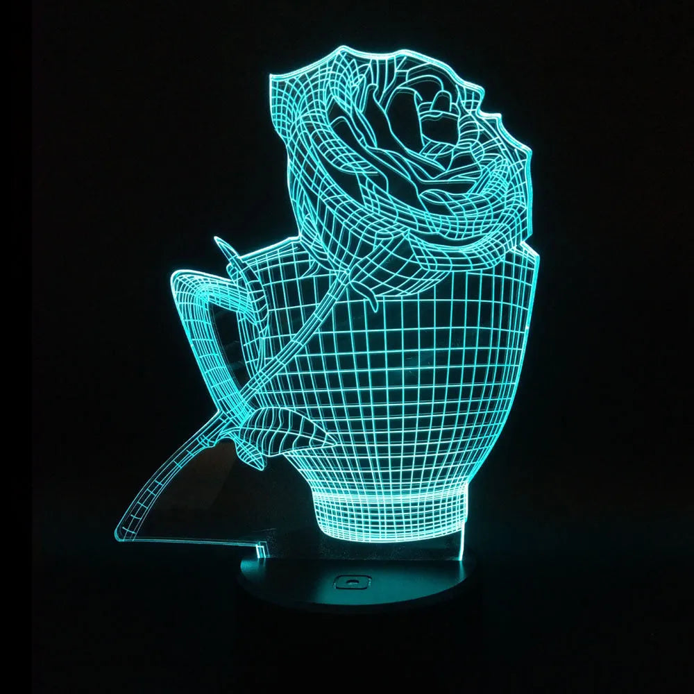 3D Rose Flower Night Light in black finish showing laser-engraved design glowing in purple light, with remote control.