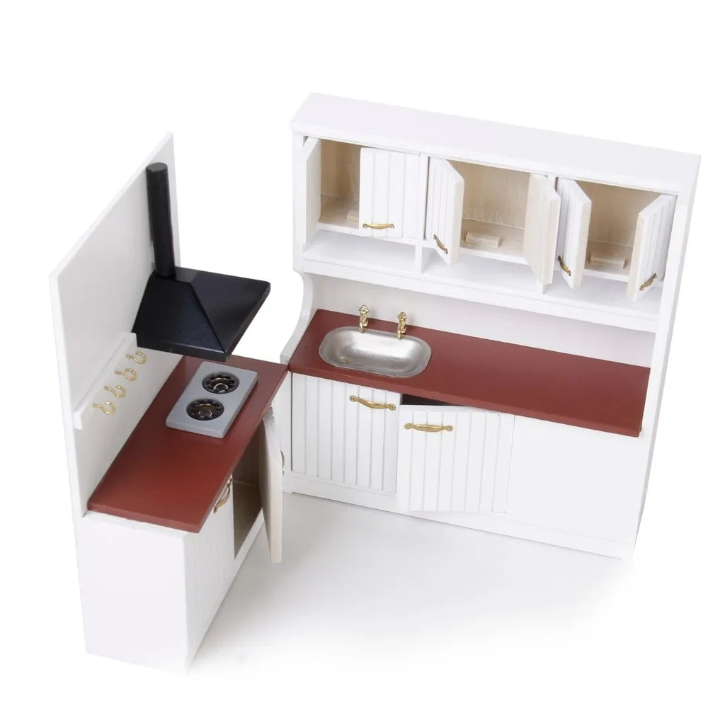 White two-piece dollhouse kitchen cabinets with working doors and metal handles on a birch wood body.