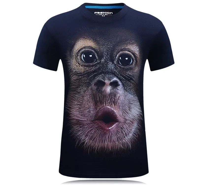 Men's short-sleeved cotton T-shirt with 3D gorilla print in black, straight fit, high temperature fixing process