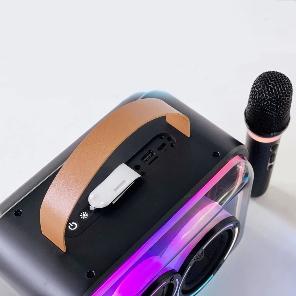 Light yellow portable Bluetooth karaoke speaker with RGB lighting and microphone