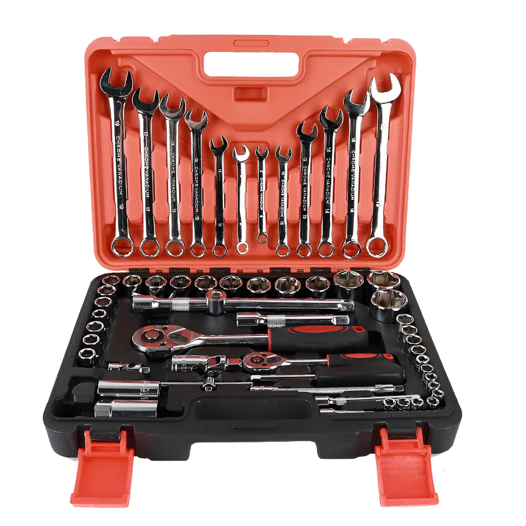 61-piece chrome vanadium steel auto repair socket and wrench set with metric tools laid out.