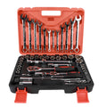61-piece chrome vanadium steel auto repair socket and wrench set with metric tools laid out.