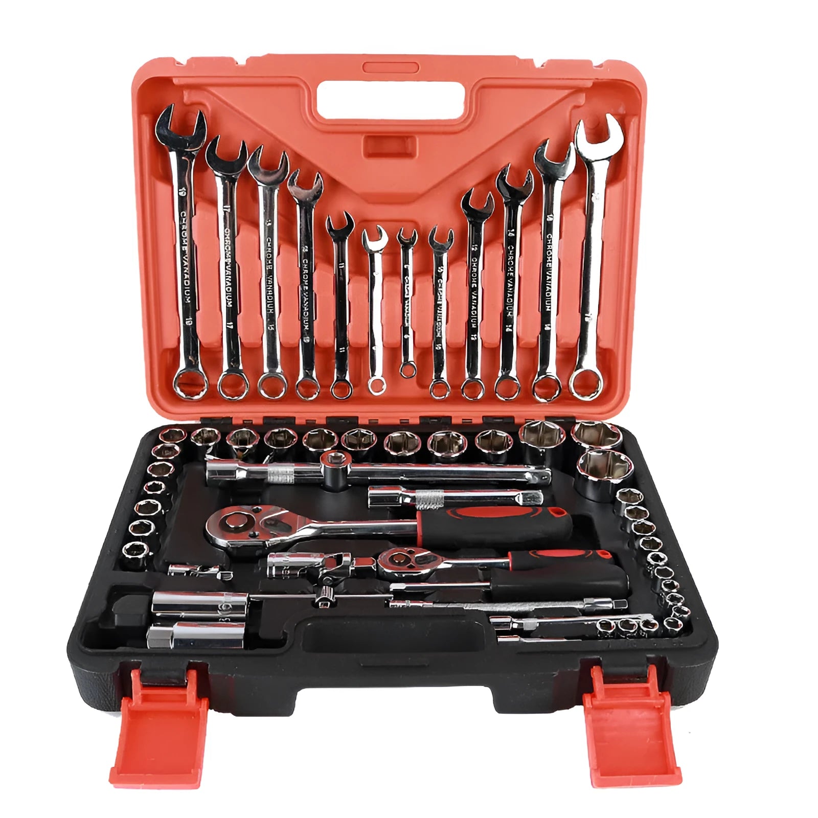 61-piece chrome vanadium steel auto repair socket and wrench set with metric tools laid out.