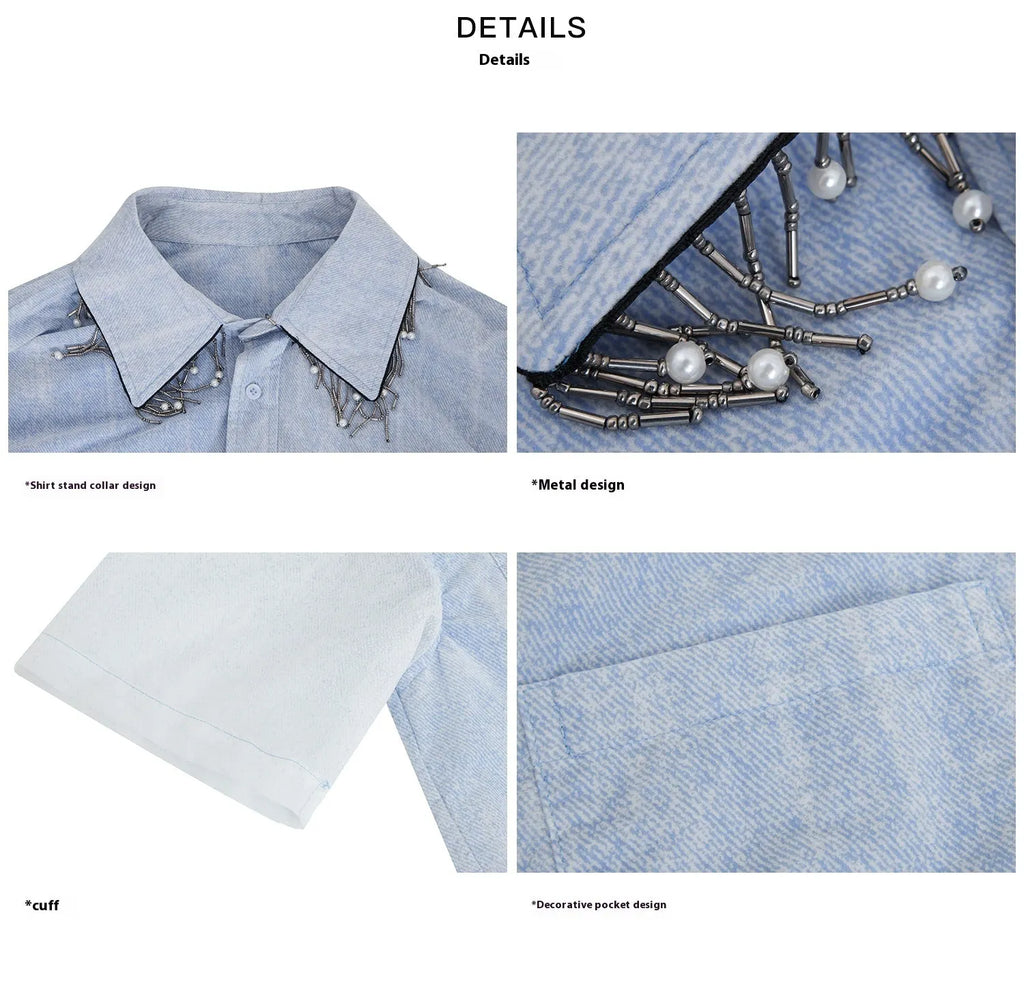 Men's blue and white gradient loose shirt with quilted texture details