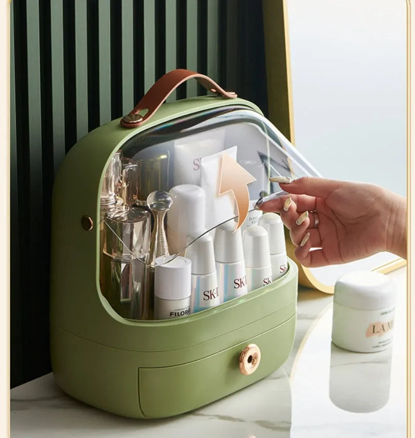 Desktop cosmetics storage box in green PET with dustproof lid and handle