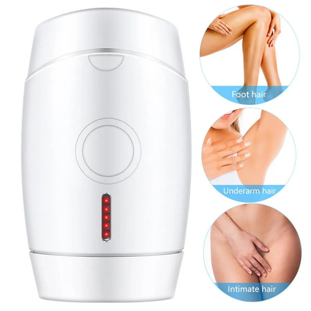 White home laser hair removal instrument unit showing compact handheld design and control panel.