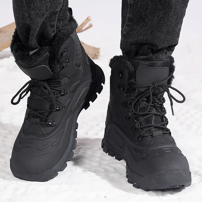 Men's black high-top winter boots with fleece lining and lace-up front on a ribbed TPR sole.
