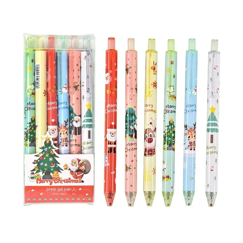 Six black gel pens with cartoon-themed plastic casings packaged as Christmas reward gift set