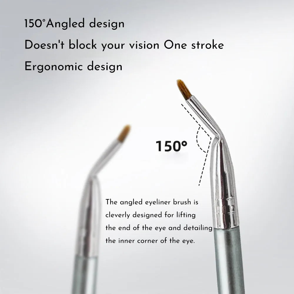 Angled bend head eyeliner makeup brush with metal ferrule on a 3.8 cm handle.