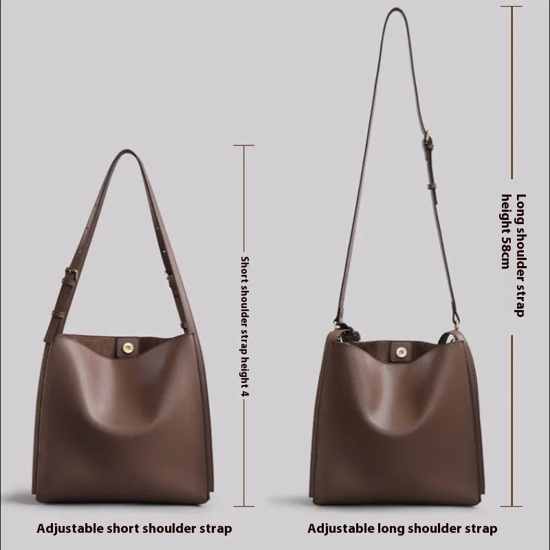 Brown genuine leather women's shoulder bag with double straps and multiple internal compartments