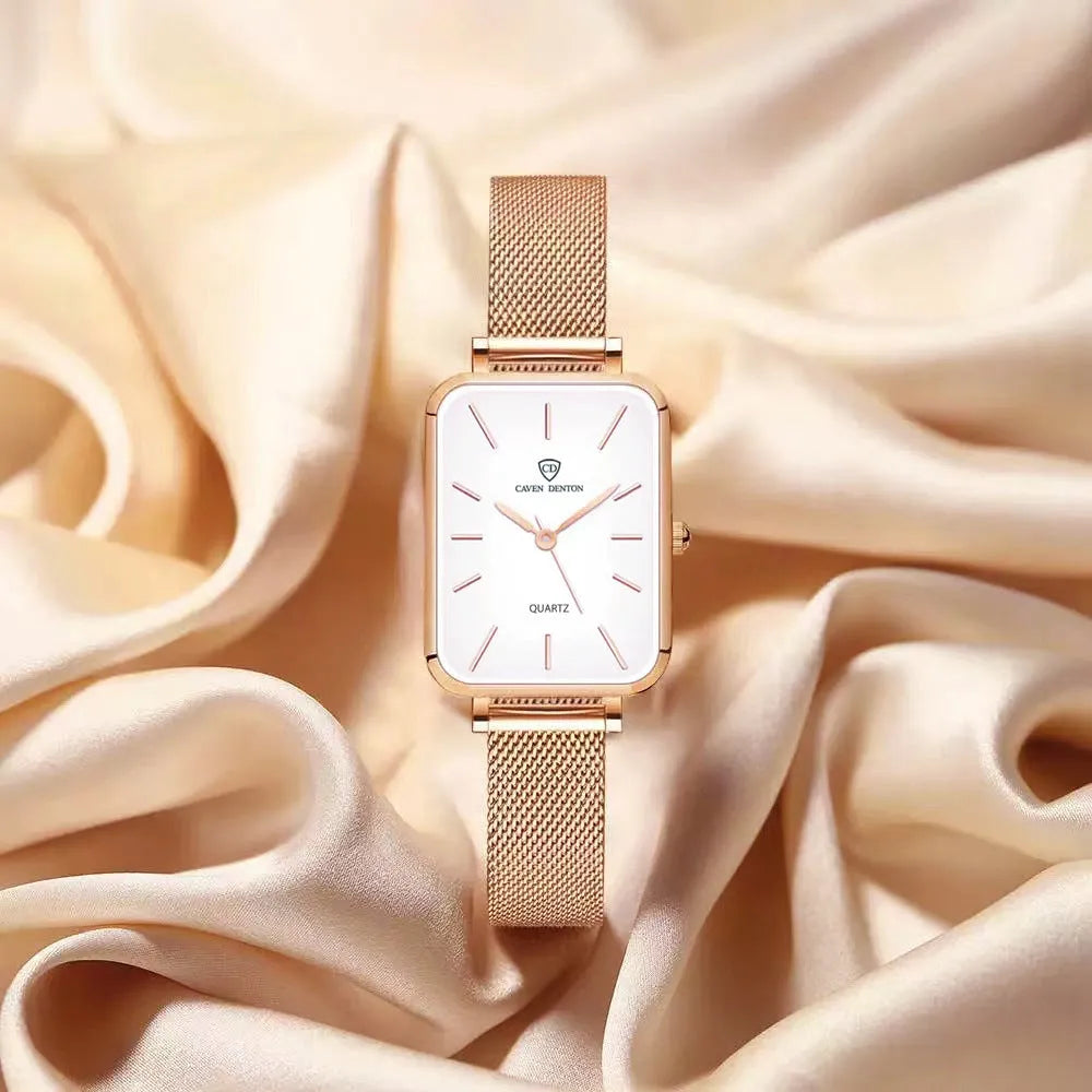Women's waterproof quartz watch with woven steel strap in rose gold or silver.
