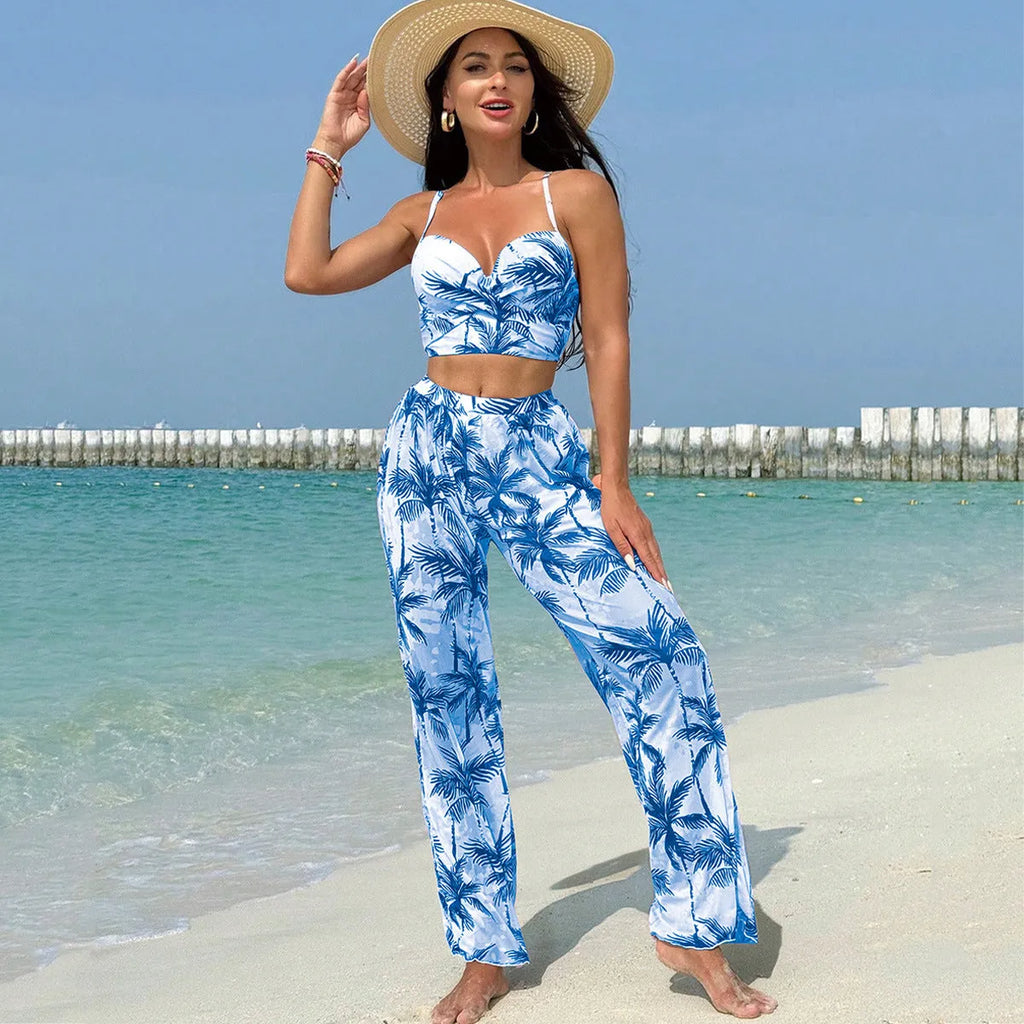 Women's printed bikini three-piece set in black with top and pants, polyester spandex swimwear