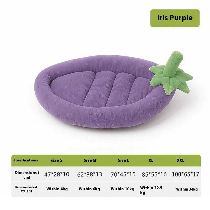 Brown removable cloth dog mat shown inside a wire crate, with size chart for S, M, L, XL, and XXL options.
