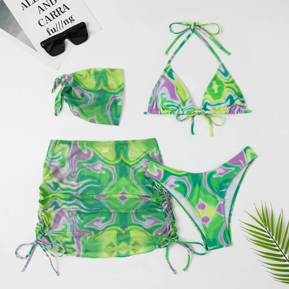 Tie-dyed four-piece bikini swimsuit set for women with flower pattern in orange white and green, sleeveless nylon fabric