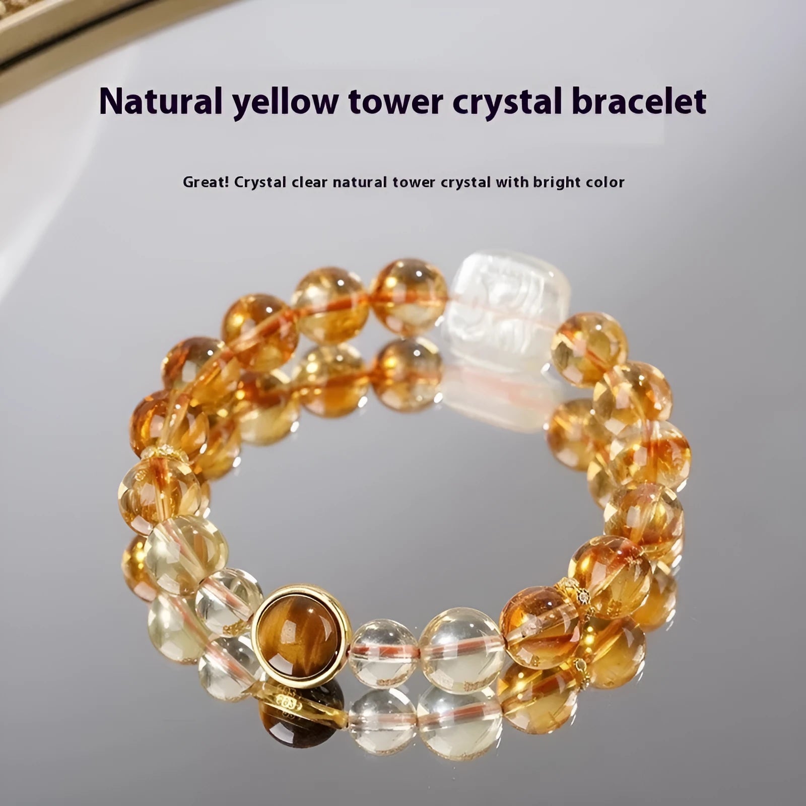 Women's carved citrine bracelet with geometric ethnic patterning, 10mm crystal construction