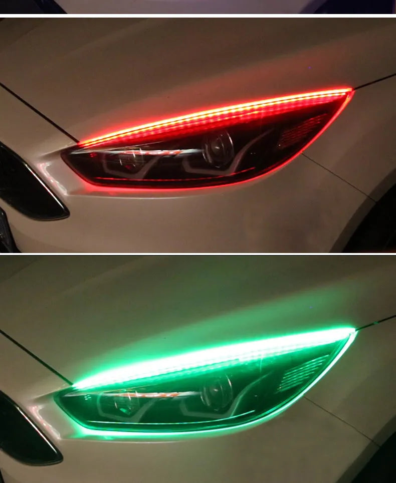 Remote-controlled RGB LED day running lights showing three length options for vehicle installation